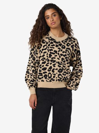 Noisy May Strickpullover NOISY MAY NMCHARLOTT L/S O-NECK KNIT FWD NOOS, Damen, Gr. XS, braun (nomad pattern:schwarz leo), Strick, Obermaterial: 52% Viskose, 28%