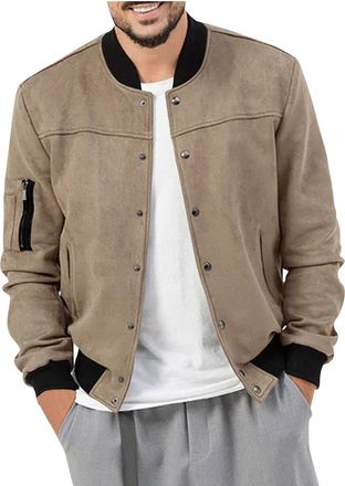 Generic Mens Suede Bomber Jacket Full Zip Up Stand Collar Vintage Soft Suede Bomber Jackets Spring Autumn Winter Casual Fashion Coat Mens Real Suede Bomber Ja