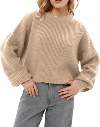 Generic Womens Cosy Cropped Knitted Jumper Soft Loose Fit Long Sleeve Crew Neck Pullover Ladies Cashmere Jumpers Oversized Casual Chunky Sweater Solid Colour 