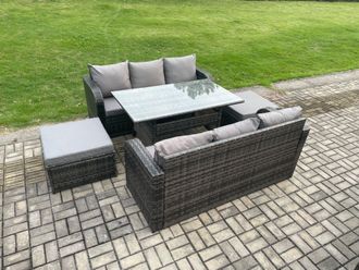 Fimous Patio Rattan Garden Furniture Set with Oblong Rectangular Dining Table 2 Big Footstool 5 Pieces Outdoor Lounge Sofa Set in Dark Grey