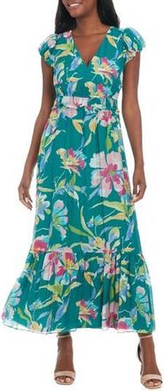 London Times Floral Cap Sleeve Tiered Maxi Dress in Teal/cornflower Blue at Nordstrom Rack, Size X-Small P