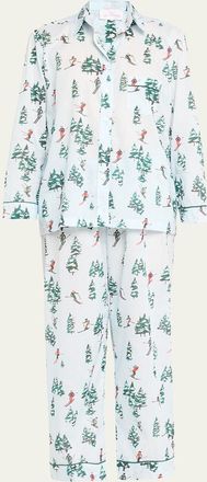 Pour Les Femmes Cropped Ski-Print Cotton Pajama Set
