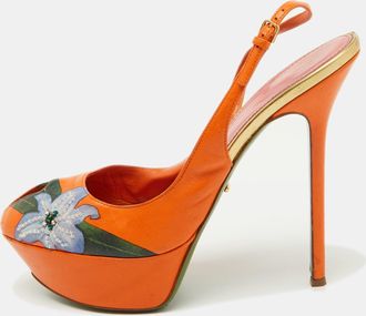 Sergio Rossi Orange Leather Floral Print Peep Toe Platform Slingback Sandals