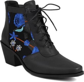 Generic Womens Ankle Boots Floral Embroidery Sheer Mesh Panel Lace Up Square Toe Chunky Block Heel Lightweight Sole Fashion Boots Multiple Color Options,Blue,