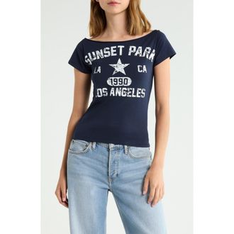 PacSun Sunset Park Off the Shoulder T-Shirt in Navy at Nordstrom, Size Xx-Small