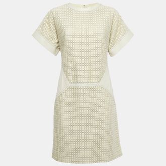 Ferragamo Light Grey Patterned Cotton And Leather Short Dress