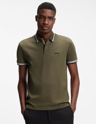 HUGO BOSS Mens BOSS Green Paddy Mens Cotton-Piqu&eacute; Polo Shirt with Contrast Logo - Open Green 398 - Tan - Size: 38