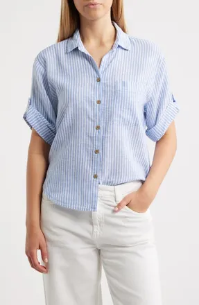 Beach Lunch Lounge Mason Short Sleeve Stripe Button-Up Shirt in Ice Flow at Nordstrom, Size Small