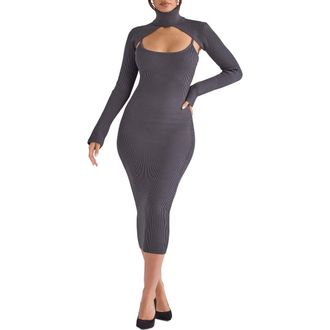 House of CB Meliora Long Sleeve Ribbed Body-Con Dress with Bolero in Charcoal at Nordstrom, Size X-Small