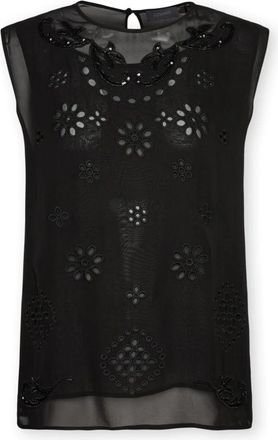 Elena Miro Georgette blouse met perforaties - Dames - Tops zonder mouwen - Zwart - 2XL - Polyester - Tops
