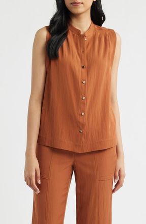 Anne Klein Pleated Sleeveless Button-Up Shirt in Cedar Spice at Nordstrom, Size Medium