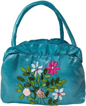 Generic Ethnic Style Tote Bag, Small Purse Wallet, Embroidery Flower Satin Silk Handbag, Zipper Flower Wrist Bag for Women Phone Cosmetic(lake blue)