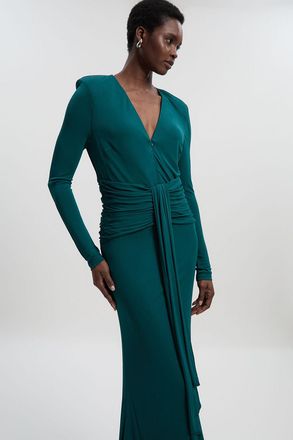 Karen Millen Womens Premium Stretch Crepe Jersey V Neck Zip Detail Maxi Dress - Emerald Viscose - Size X-Small