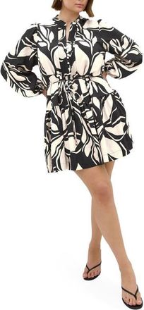 City Chic Kinsley Tie Waist Long Sleeve Shirtdress in Mono Print at Nordstrom, Size Xxl