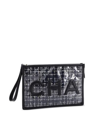 Chanel Clutch grande in tweed trapuntato e PVC con cinturino da polso e logo - Nero