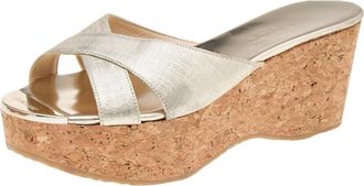 Jimmy Choo London Gold Leather Prima Cork Wedge Platform Slide Sandals