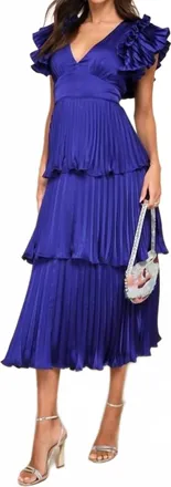 Lulus Stunning Desire Satin Pleated Tiered Midi Dress In Cobalt Blue