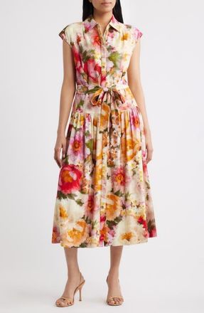 Julia Jordan Floral Print Tie Waist Midi Dress in Ivory Multi at Nordstrom, Size X-Large