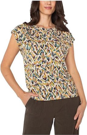 Liverpool L.A. Petite Sleeveless Shoulder Pleat Boat Neck Knit Top Womens Clothing Green Animal : PXL, Viscose