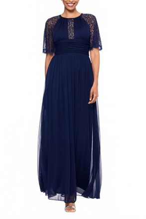 Betsy & Adam Jewel Neck Mesh Formal Dress With Lace Flutter Sleeve In Navy