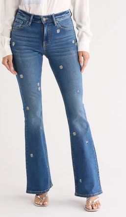 Desigual Floral Embroidered Flare Leg Jeans in Medium Blue at Nordstrom Rack, Size 34