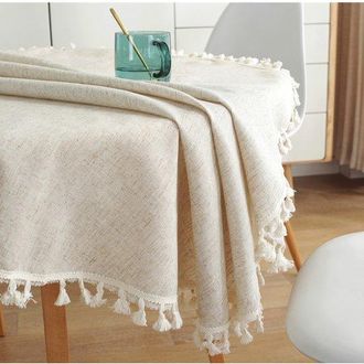 OEM Mantel Redondo De Lino - Antiarrugas Y Antipolvo - 1 Unidad - Borlas - Beige - 150 Cm