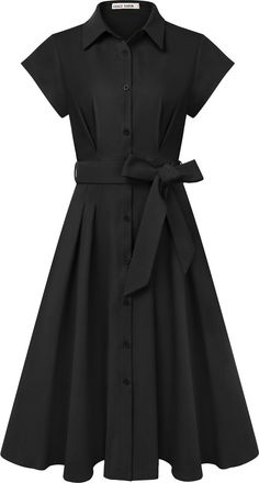 Grace Karin Womens Short Sleeve A-Line Midi Dresses Elegant Lapel Neck Boutons Tie Waist Shirt Dress for Work Wedding Black L