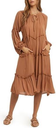 Wishlist Notched Neck Long Sleeve Tiered Dress in Brown at Nordstrom Rack, Size Small/medium