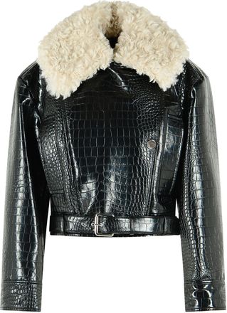 Sportmax Black Patent Leather Jacket with Crocodile Print and Belted Waist
