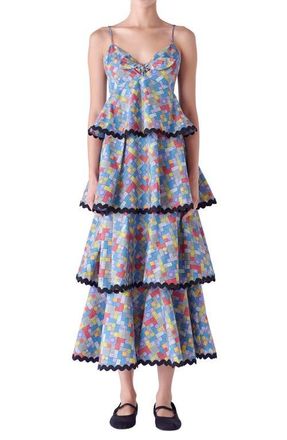 English Factory Grid Print Tiered Maxi Dress in Blue Multi at Nordstrom, Size Medium