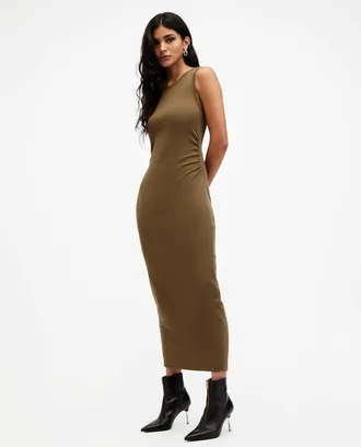 AllSaints Cotton Katarina Boat Neck Slim Fit Maxi Dress, Size: UK 16/US 12