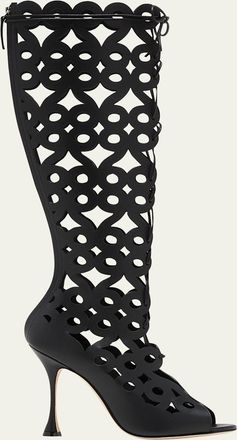 Manolo Blahnik Tarashi Perforated Lace-Up Knee Boots