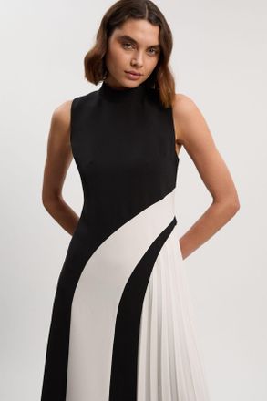Karen Millen Womens Soft Tailored Colour Block High Neck Pleated Midi Dress - Monochrome Multi - Size 10 UK