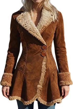 Generic UK Warm Fleece Lined Overcoat Outerwear, Womens Faux Fur Lined Suede Coat Winter Thicken Warm Ruffles Lapel Jacket Slim Fit Tunics Mid-Thermal Sherpa 