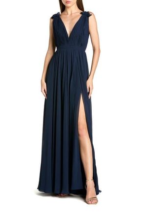 Mac Duggal Petite Sleeveless Pleated Chiffon V-Neck Gown in Navy at Nordstrom, Size 12P