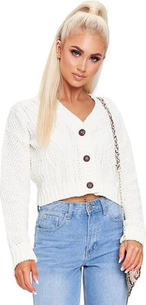 Crazy Girls Womens Ladies Long Sleeve 3 Button Cropped Chunky Aran Cable Knitted Grandad Cardigan (12-14, White)