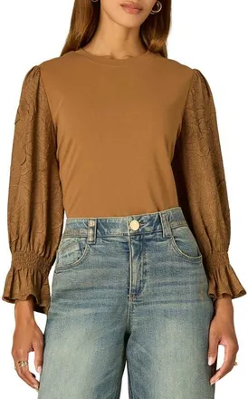 Wit & Wisdom Mixed Media Smocked Sleeve Top in Butter Toffee at Nordstrom, Size X-Small