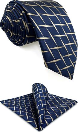 Shlax & Wing Mens Necktie with Pocket Square Set Navy Blue Yellow Tie Combo Skinny Slim 2.36