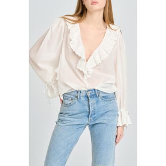 Wayf Helena Eyelet Ruffle Cotton Lawn Top in Ivory at Nordstrom, Size X-Large