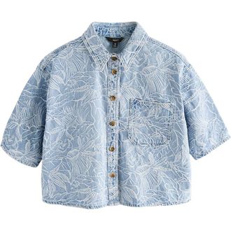 Next Boxy Jacquard Short Sleeve Button-Up Shirt in Blue at Nordstrom, Size 8 Us