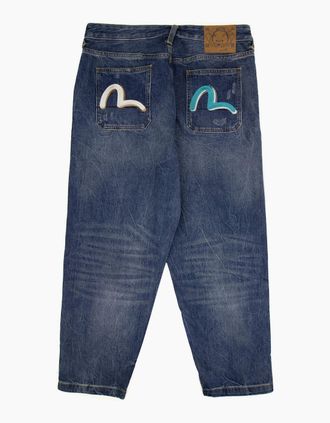 Evisu Mens Evisu Embroidered Seagull Print Relax Fit Jeans Mid Tone Indigo - Navy - Size: 32/32
