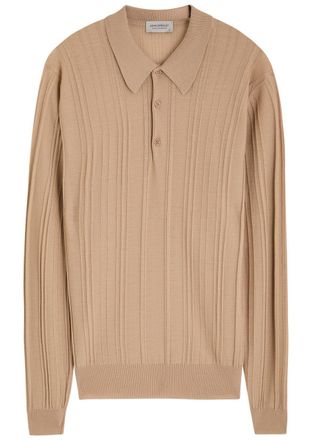 John Smedley Flinn Ribbed Wool Polo Shirt - Beige - Xxl