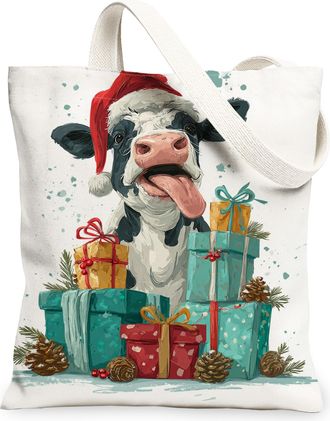 Generic Christmas Cow Canvas Tote Bags, Rustic Animal Design Reusable Grocery Bags, Holiday Lightweight Washable Shoulder Strap Can, White, 13x15 Inch