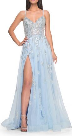 La Femme Two Tone Tulle A-Line Prom Dress with Floral Beaded Detail in Light Blue at Nordstrom, Size 12