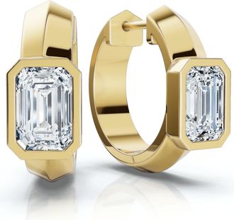 Pompeii3 1 1/3Ct Emerald Cut Brava Bezel Diamond Hoops 5/8 Huggies 14k Gold Lab Grown