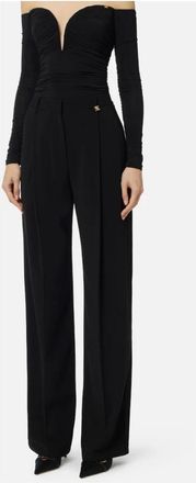 Elisabetta Franchi Lichtgewicht Cr&ecirc;pe Broek met Logo Bedel - Dames - Wijde Broeken - Zwart - L - Leer - Broeken