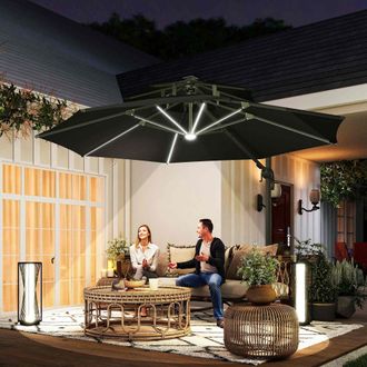 OUTSUNNY 3(m) Cantilever Roma Parasol with LED Solar Lights, Crank & Tilt in Dark Grey