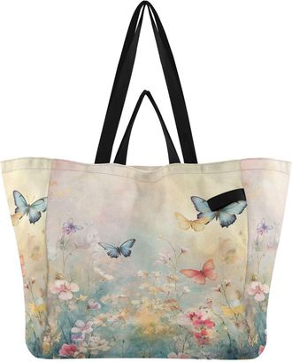 Generic Blue Butterfly Floral print Reusable Canvas Tote Bag, Heavy Duty Grocery Shopping Bag with Double Handles Hard Bottom Large Capacity Work Groceries Tr