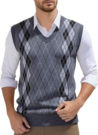 Generic Mens Diamond Pattern Sleeveless Sweaters - V Neck Sleeveless Jumpers Men Fall Winter Comfortable Knitted Gilets Business Loose Fit Slipover
