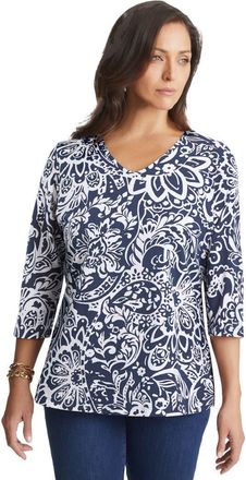Jessica London Stretch Cotton V-Neck Tee in Navy Scroll Medallion at Nordstrom, Size 36